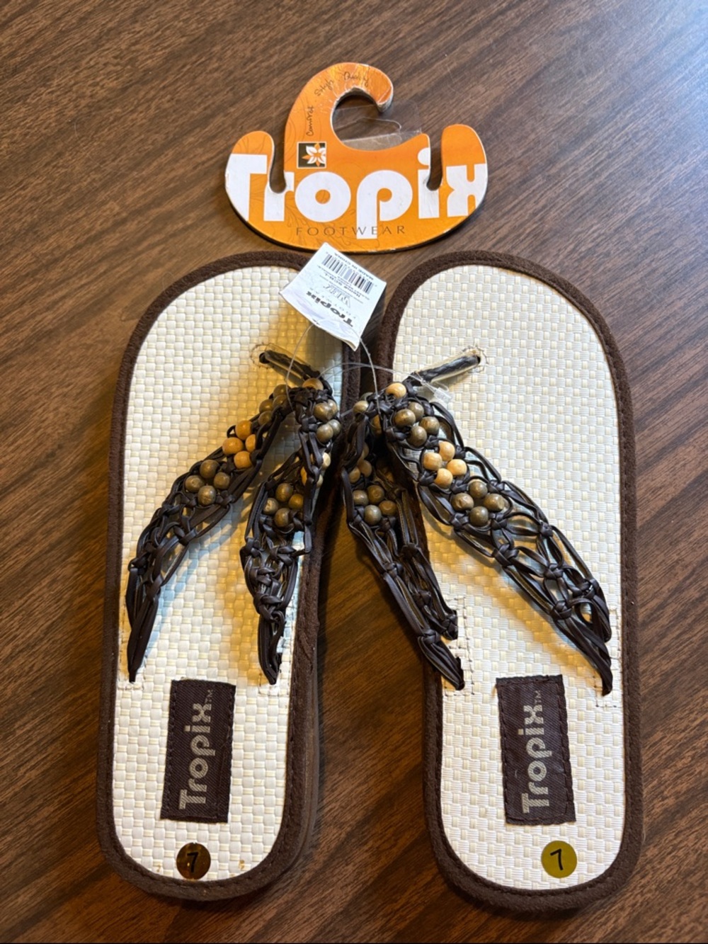 NEW Tropix Size 7 Classy Beaded Brown & Cream Woven Flip Flops Sandals NWT